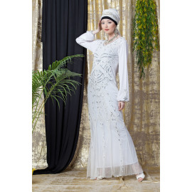 Nazneen Full Hand Embroidered White Wedding Abaya