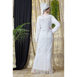 Nazneen Full Hand Embroidered White Wedding Abaya