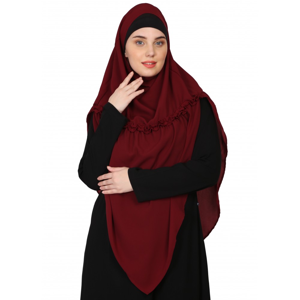Nazneen Frill around shoulder, Triangle instant ready to wear tie at back Trendy Hijab (MAROON)