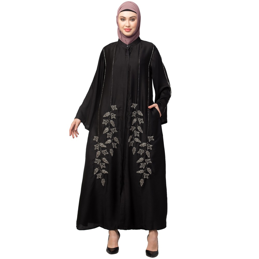 Nazneen Front Open bell Sleeve hand embroidered Front & Back Nida Abaya