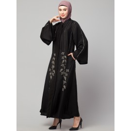 Nazneen Front Open bell Sleeve hand embroidered Front & Back Nida Abaya