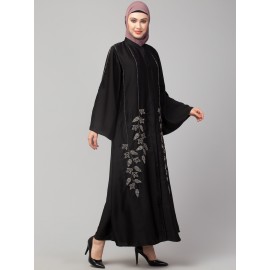 Nazneen Front Open bell Sleeve hand embroidered Front & Back Nida Abaya