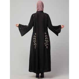 Nazneen Front Open bell Sleeve hand embroidered Front & Back Nida Abaya