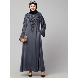 Nazneen Neck and Sleeve Resham Embroidered  A line Party Abaya