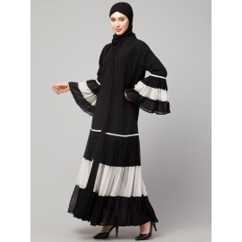 Naneen Contrast pleated at sleeve and Bottom front open Abaya