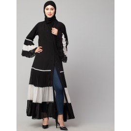 Naneen Contrast pleated at sleeve and Bottom front open Abaya