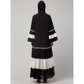 Naneen Contrast pleated at sleeve and Bottom front open Abaya