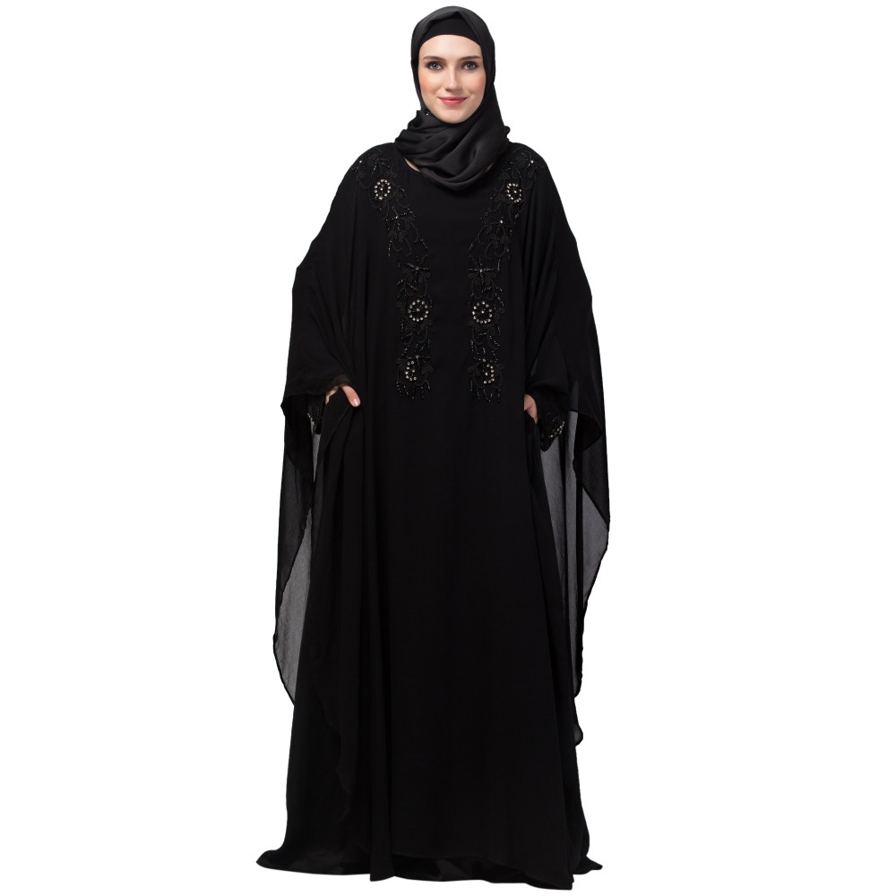 Nazneen double layer stone hand black embroidery party wear butterfly Abaya