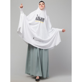  Nazneen Islamic Calligraphy printed  stretchable Jersey smoking at  sleeve  Jilbab cum prayer khimar  Hijab