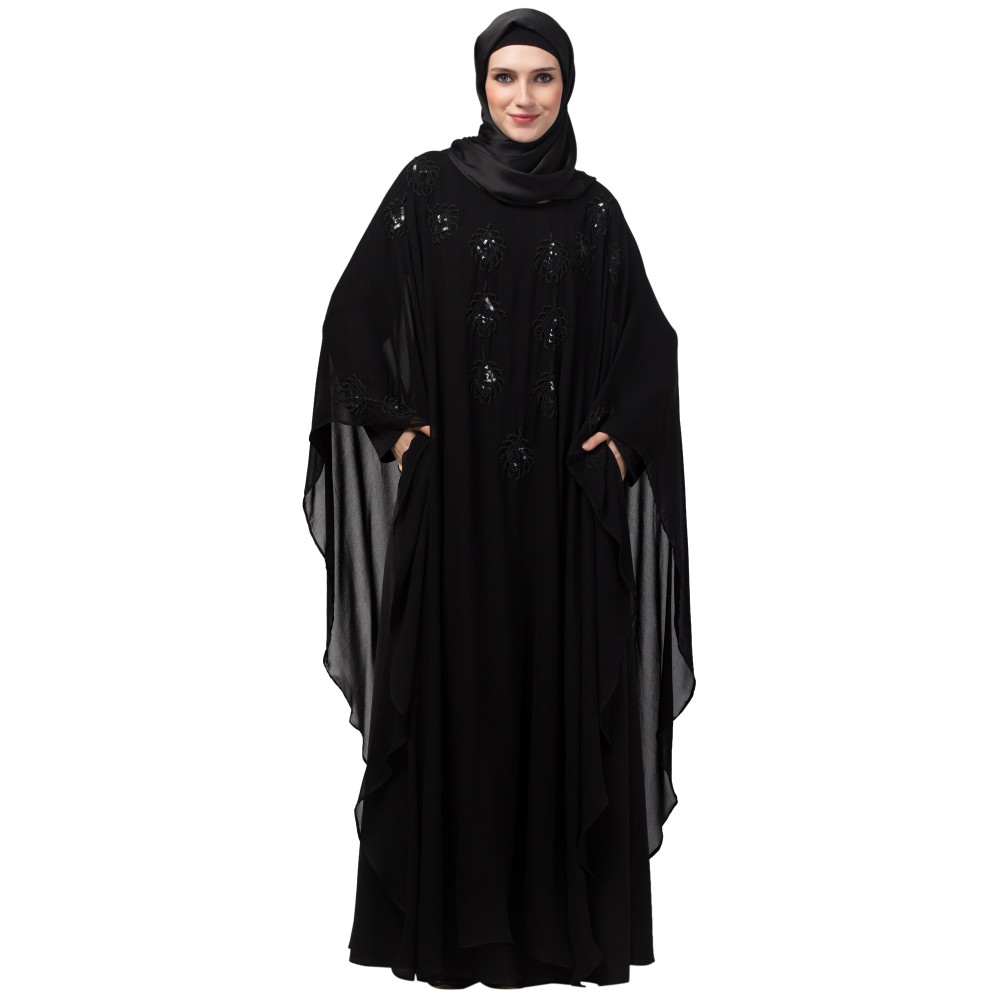 Nazneen  double layer hand black embroidery butterfly Abaya