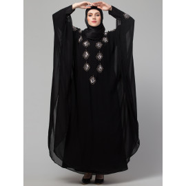 Nazneen  double layer hand contrast embroidery butterfly Abaya