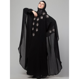 Nazneen  double layer hand contrast embroidery butterfly Abaya