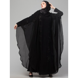 Nazneen black hand embroidery butterfly double layer Abaya