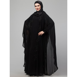 Nazneen black hand embroidery butterfly double layer Abaya