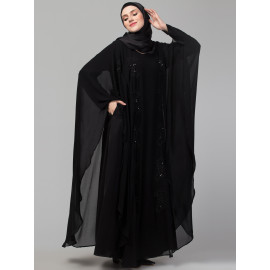 Nazneen black hand embroidery butterfly double layer Abaya