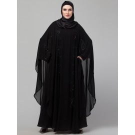 Nazneen black hand embroidery butterfly double layer Abaya