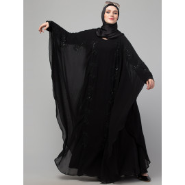 Nazneen black hand embroidery butterfly double layer Abaya