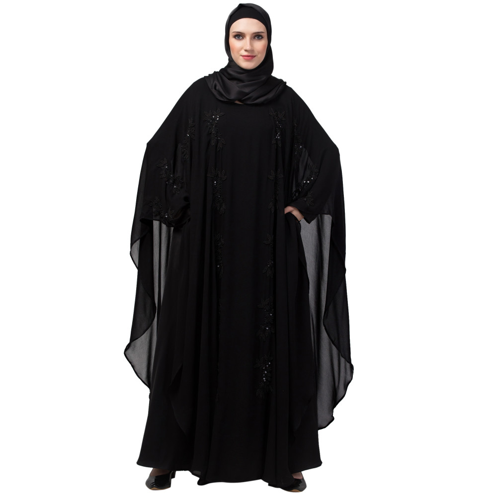 Nazneen black hand embroidery butterfly double layer Abaya