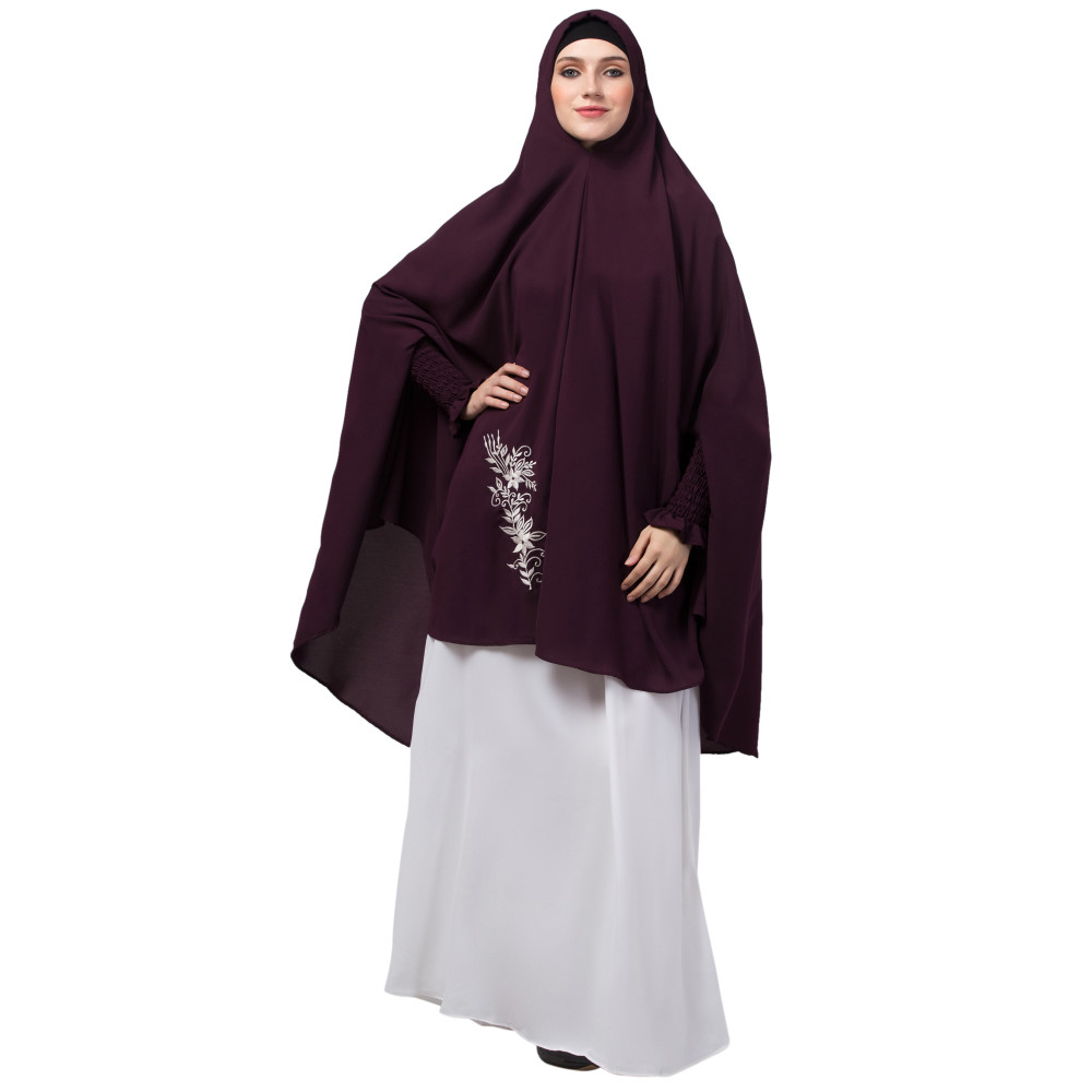 Nazneen Front Side Embroidery stretchable smoking at wrist knee length Jilbab cum prayer khimar Hijab  For Hajj and Umrah