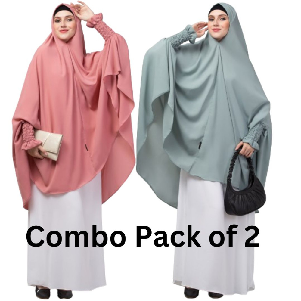 Nazneen stretchable smoking at wrist knee length Jilbab cum prayer khimar Hijab combo pack of two