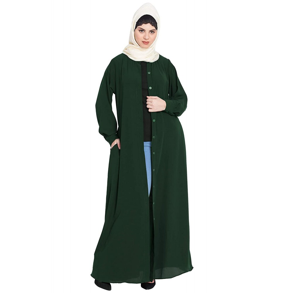 Nazneen halal fashion  Front open Abaya-Bottle Green with side pocket