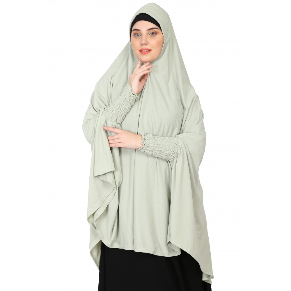 Nazneen stretchable Polyester smoking at  sleeve  Jilbab cum prayer khimar Hijab (SAGE GREEN)