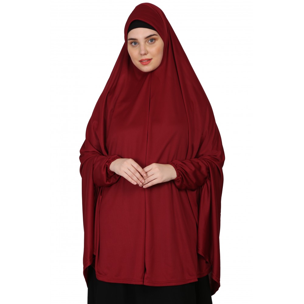 Nazneen stretchable Jeresy elastic at wrist with sleeve  Jilbab cum prayer khimar  Hijab (MAROON)