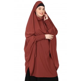 Nazneen Smoking at Sleeve instant ready to wear tie at back Jilbab cum Khimer Hijab with Nose piece (RUST)