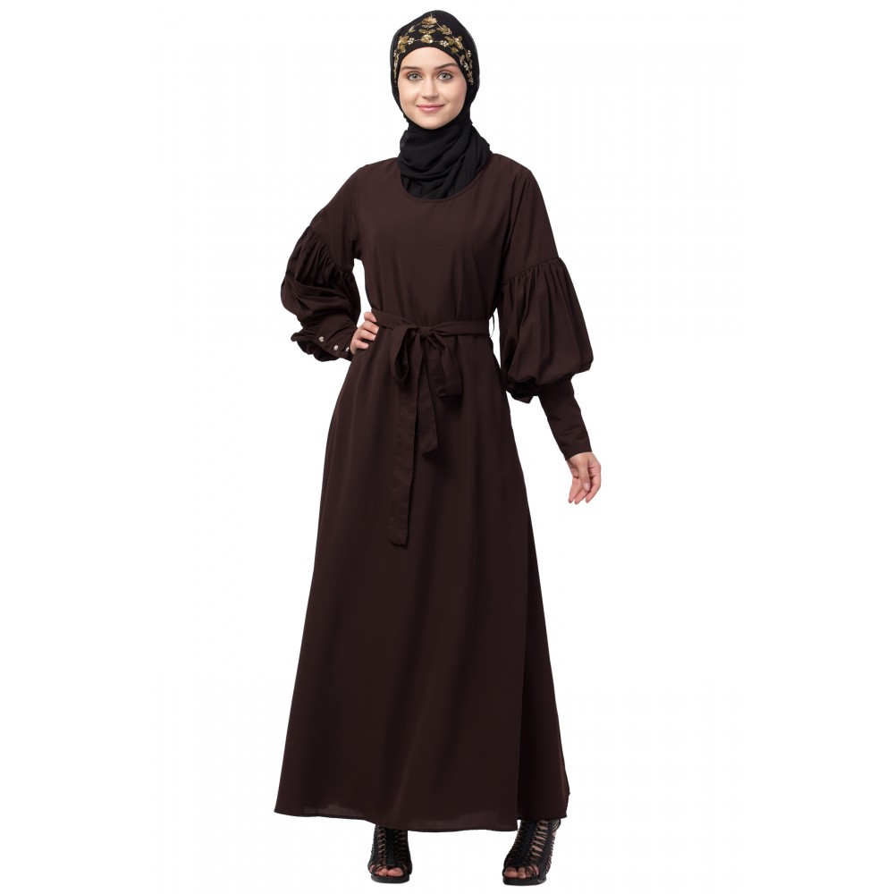 Nazneen long cuff full balloon sleeve with belt A line Abaya