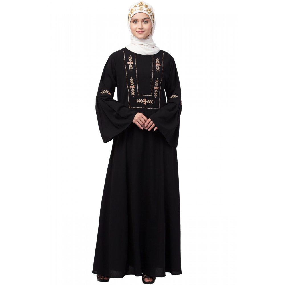 Nazneen yoke embroidered Pleated Bell sleeve Flare Abaya