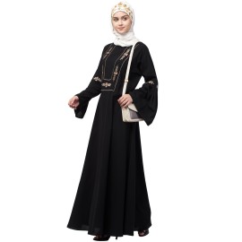 Nazneen yoke embroidered Pleated Bell sleeve Flare Abaya