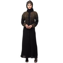 Nazneen front open golden hand work at front back and sleeve Nida Abaya