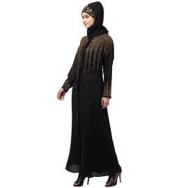 Nazneen front open golden hand work at front back and sleeve Nida Abaya