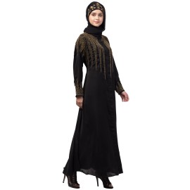 Nazneen front open golden hand work at front back and sleeve Nida Abaya