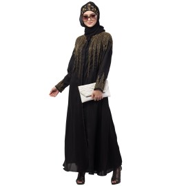 Nazneen front open golden hand work at front back and sleeve Nida Abaya