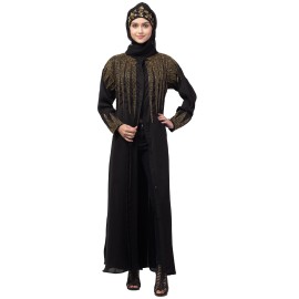 Nazneen front open golden hand work at front back and sleeve Nida Abaya