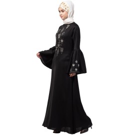 Nazneen hand embroidery on front and bell sleeve  A line Abaya