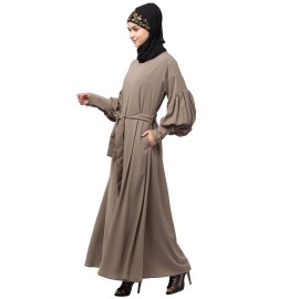 Nazneen long cuff full balloon sleeve with belt A line Abaya