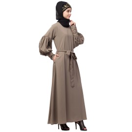 Nazneen long cuff full balloon sleeve with belt A line Abaya