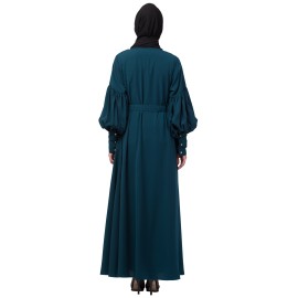 Nazneen long cuff full balloon sleeve with belt A line Abaya