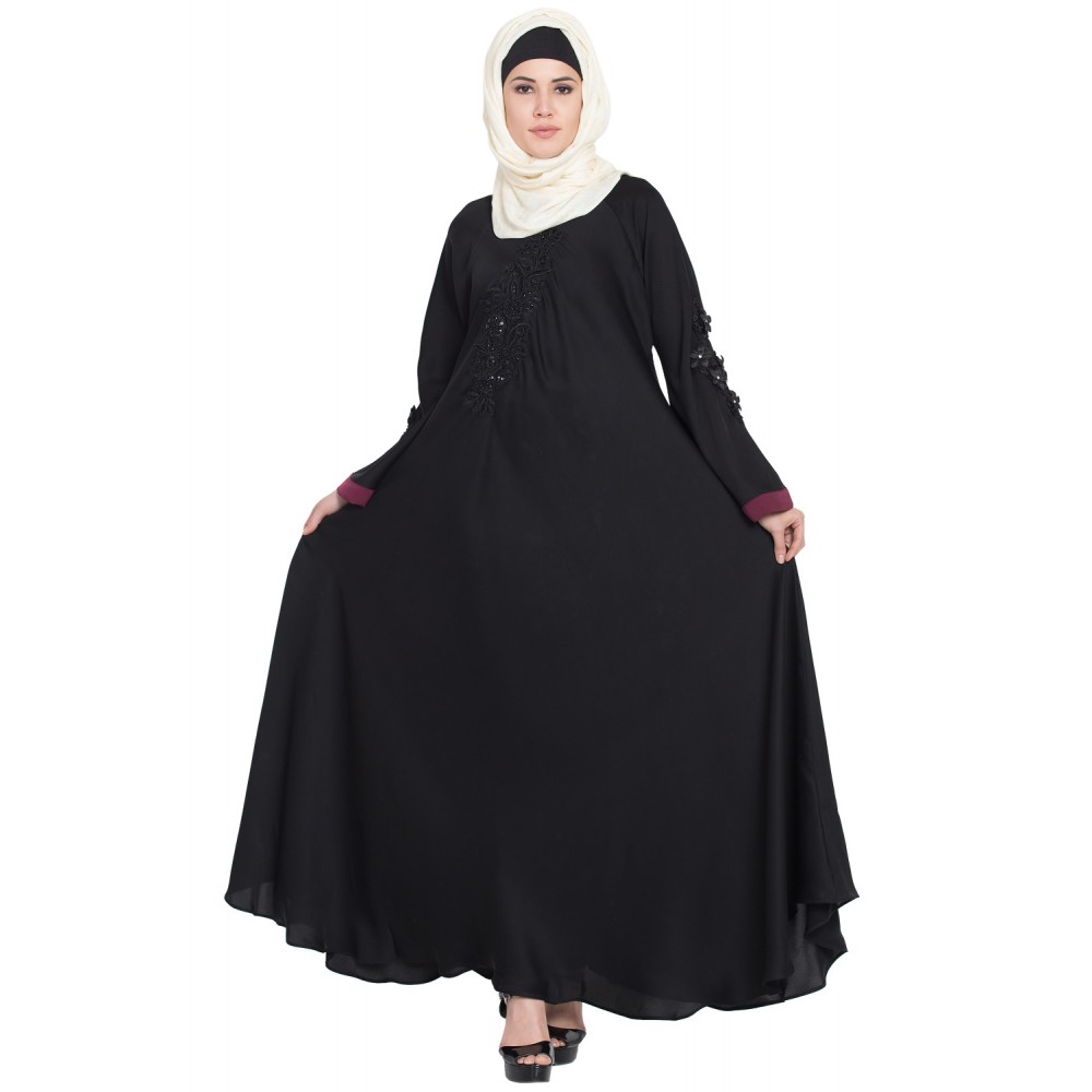 Nazneen Embroidered Patch Umbrella Black Abaya