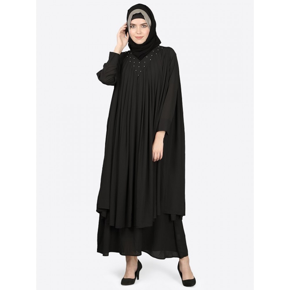 Nazneen Embroidered Neck Band Double Layer Party Abaya