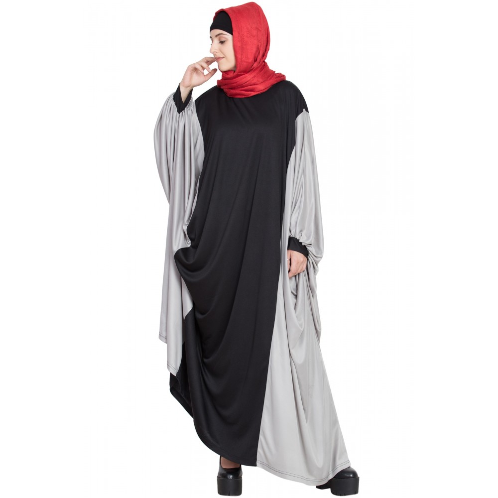 Nazneen Kaftan Style Contrast Black Grey Irani Abaya