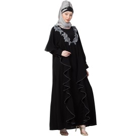 Nazneen Front Long Frill Contrast Flowers Party Abaya