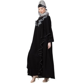 Nazneen Front Long Frill Contrast Flowers Party Abaya