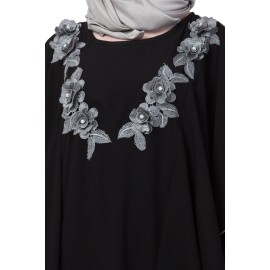 Nazneen Front Long Frill Contrast Flowers Party Abaya