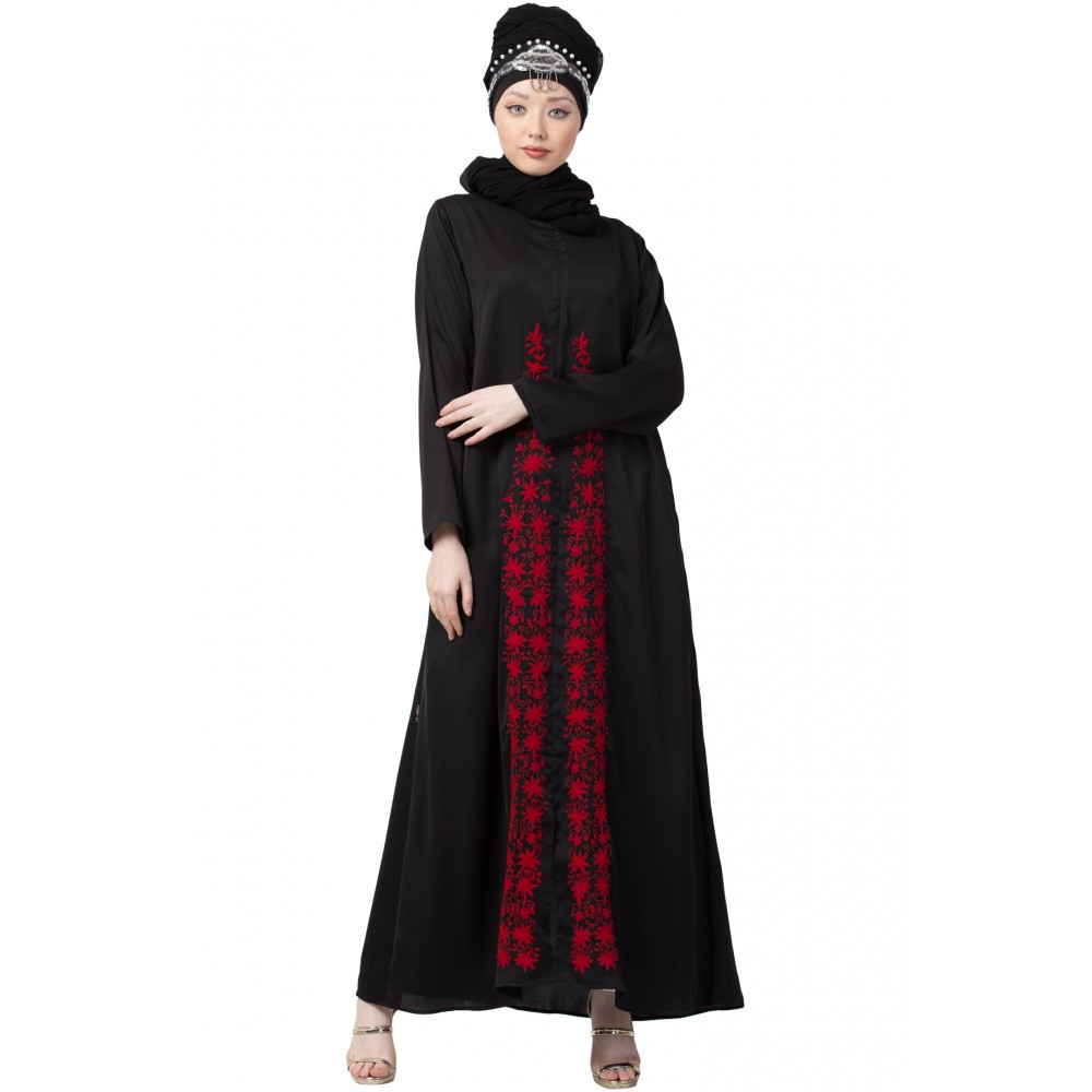 Nazneen Front Embroidered Zip At Neck Nida Abaya