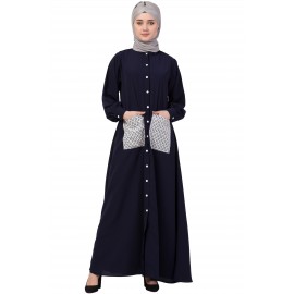 Nazneen Front Open White Patch Pocket Casual Abaya