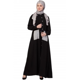 Nazneen Front Open White Patch Pocket Casual Abaya