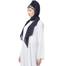 Nazneen Ready To Wear Navy Hand Work Turban With Attached Hijab